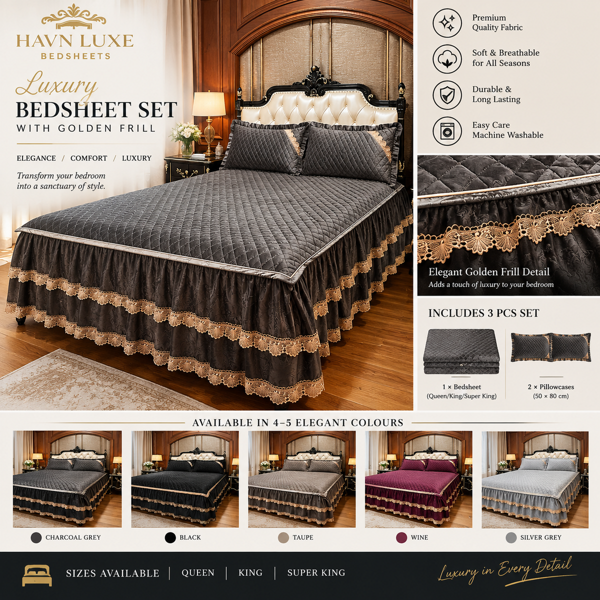 HAVN LUXE Luxury Bedsheet Set with Golden Frill – 3 Pcs