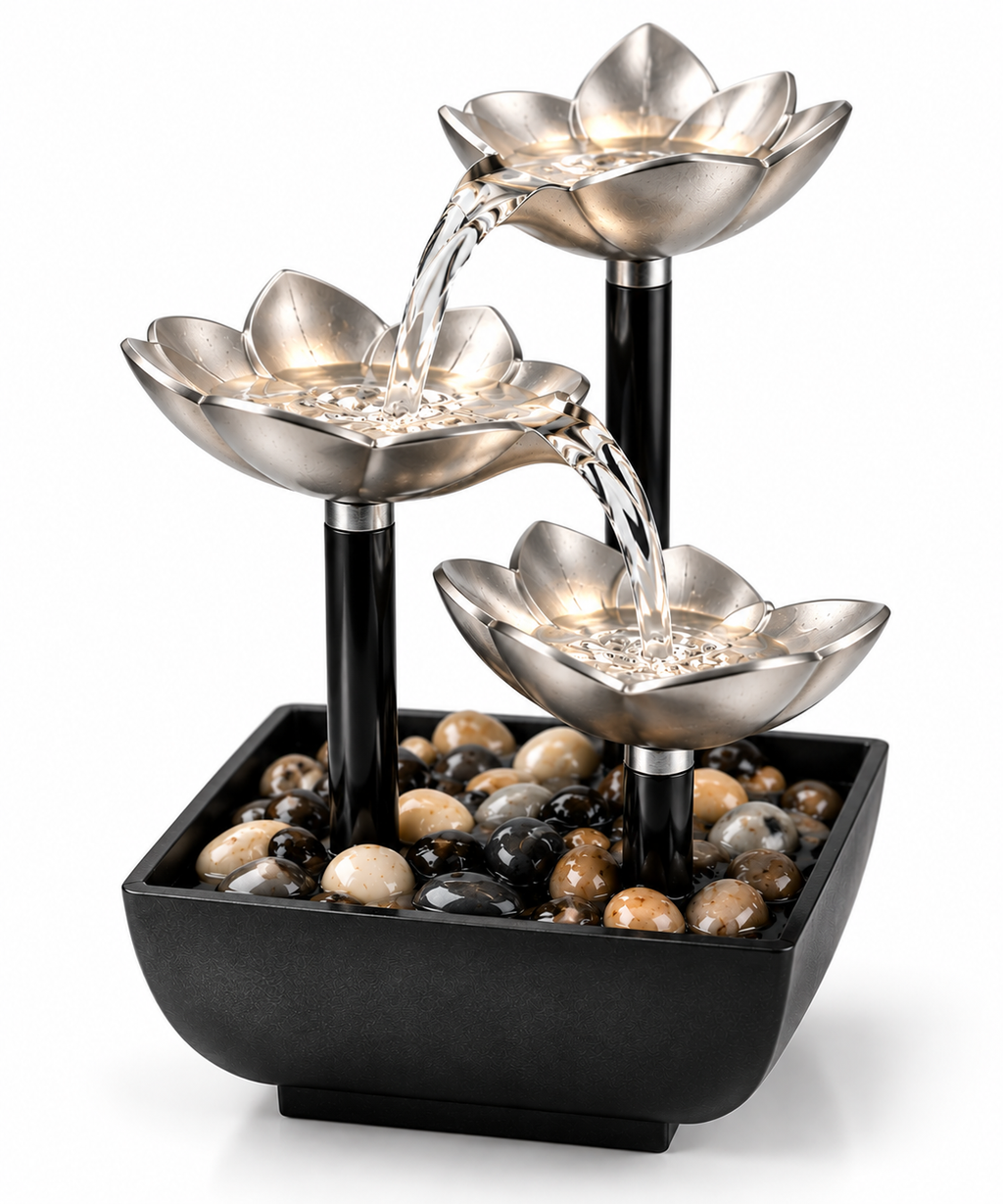 Three-Tier Lotus Tabletop Water Fountain - Silver/Golden colors