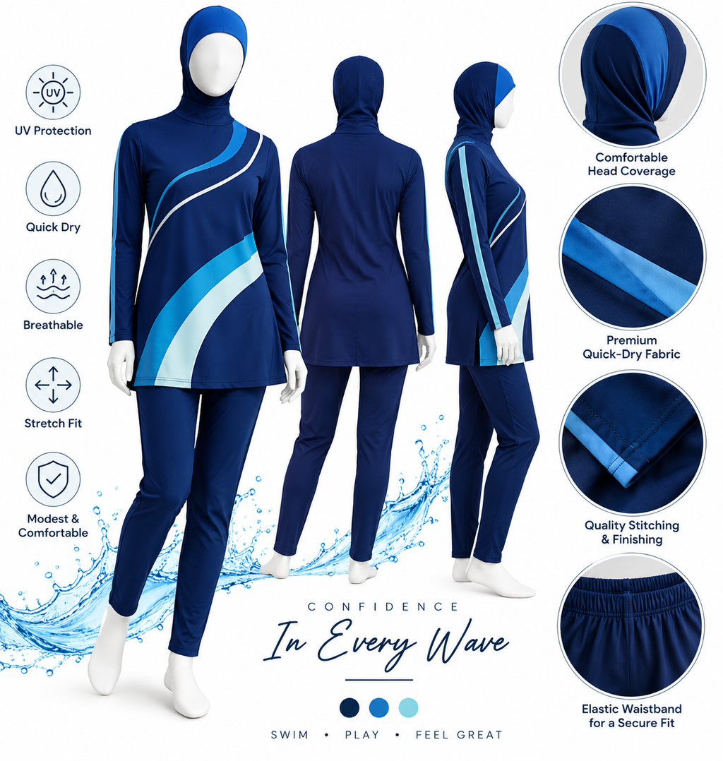 HAVN Women’s 2-Piece Modest Swimwear Set – Blue with Stripes