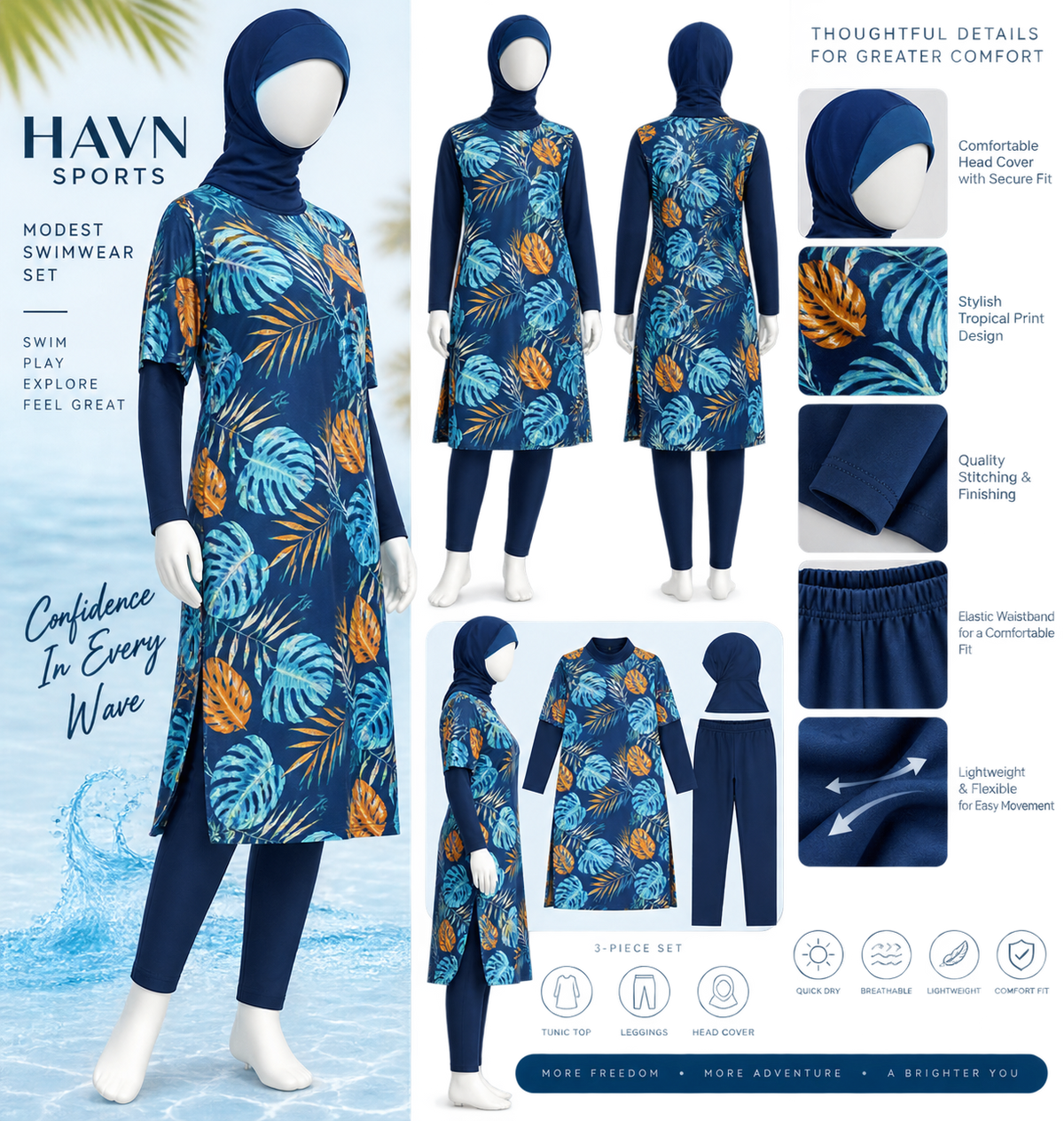 HAVN Women's 4-Piece Modest Multicolor Tropical Leaf Swimwear Set