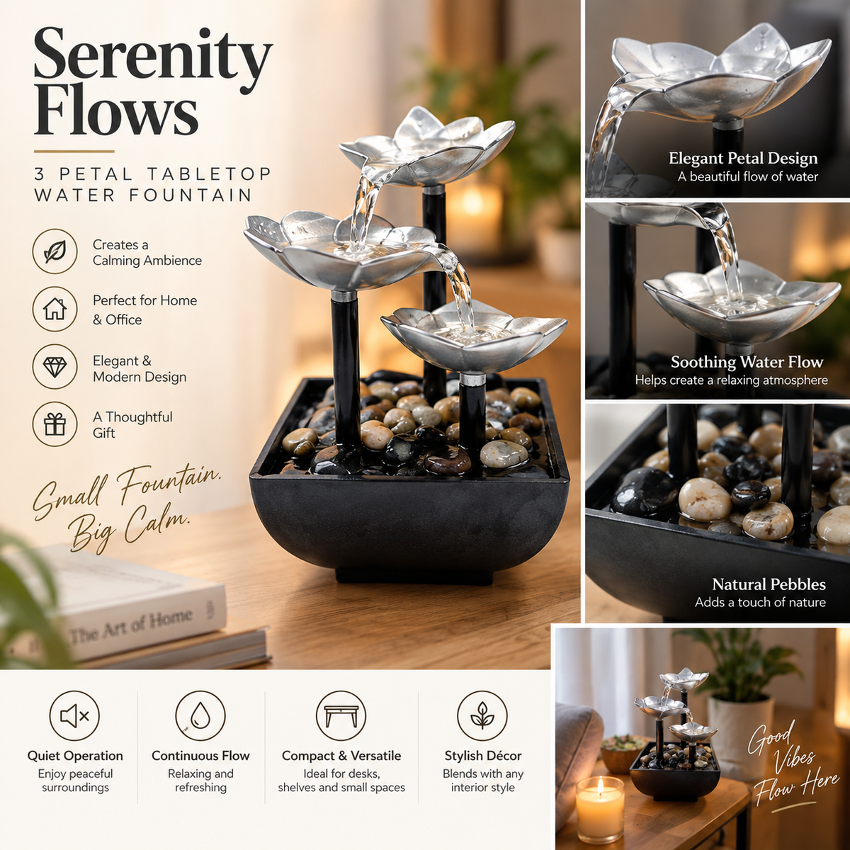 Three-Tier Lotus Tabletop Water Fountain - Silver/Golden colors