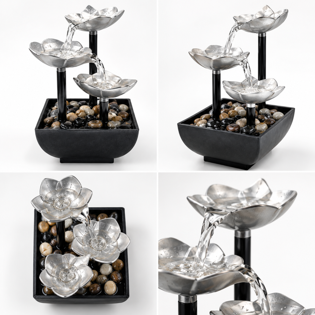 Three-Tier Lotus Tabletop Water Fountain - Silver/Golden colors