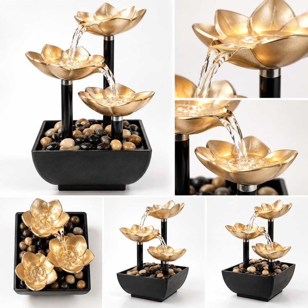 Three-Tier Lotus Tabletop Water Fountain - Silver/Golden colors