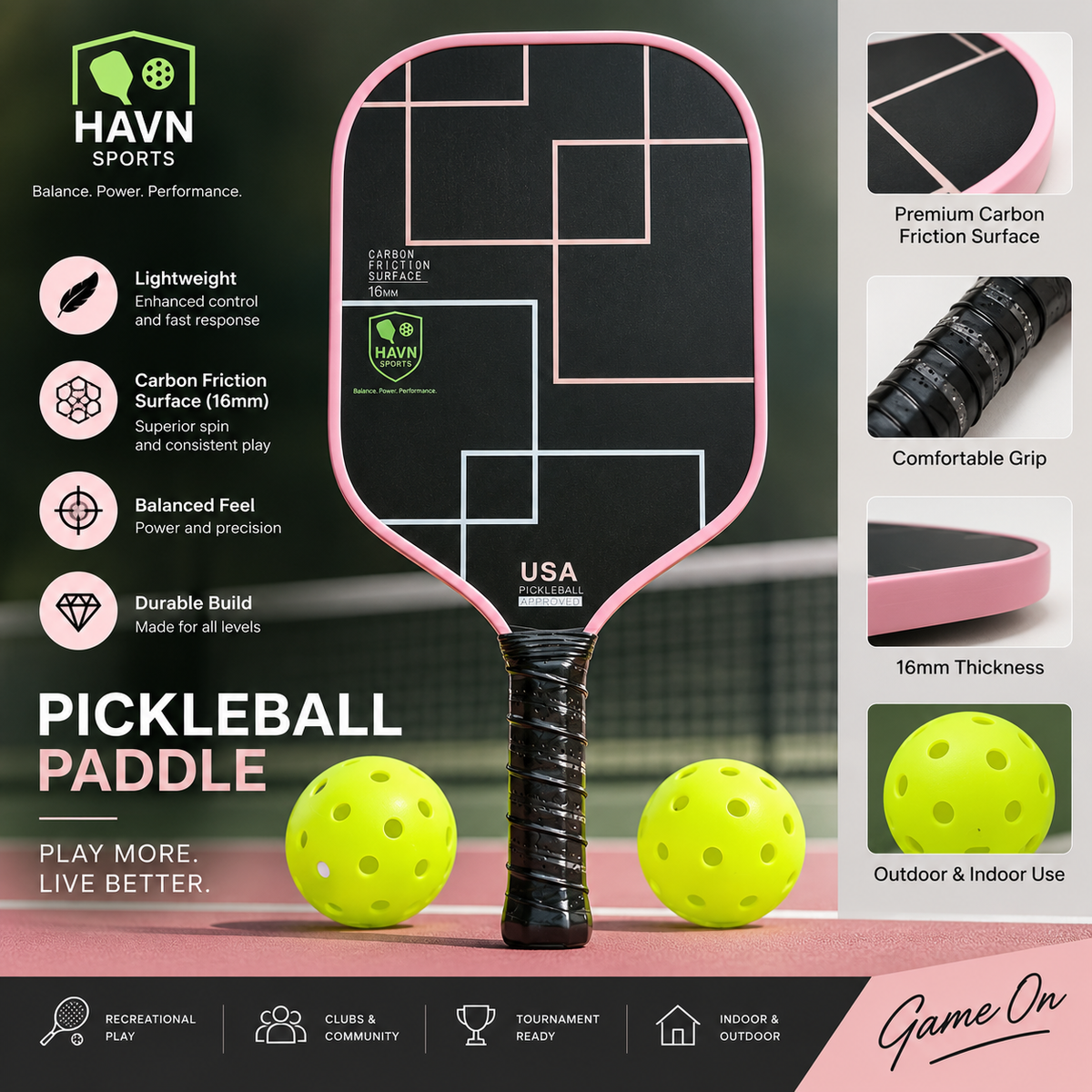 HAVN Sports T700 Carbon Fiber Pickleball Paddle set with 2 outdoor balls