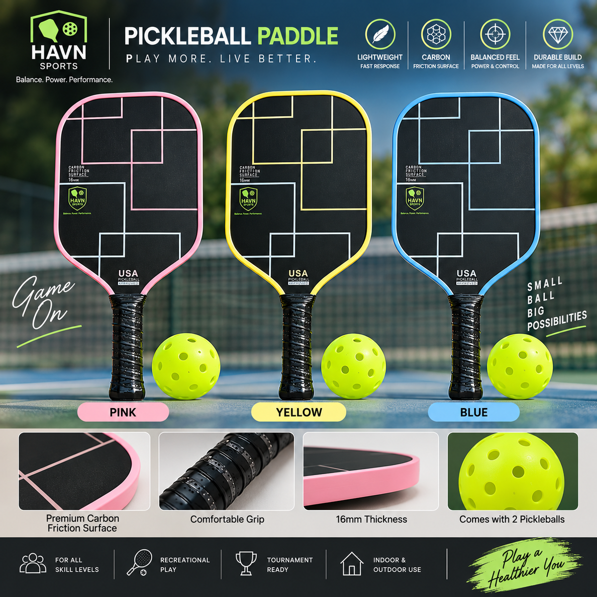HAVN Sports T700 Carbon Fiber Pickleball Paddle set with 2 outdoor balls