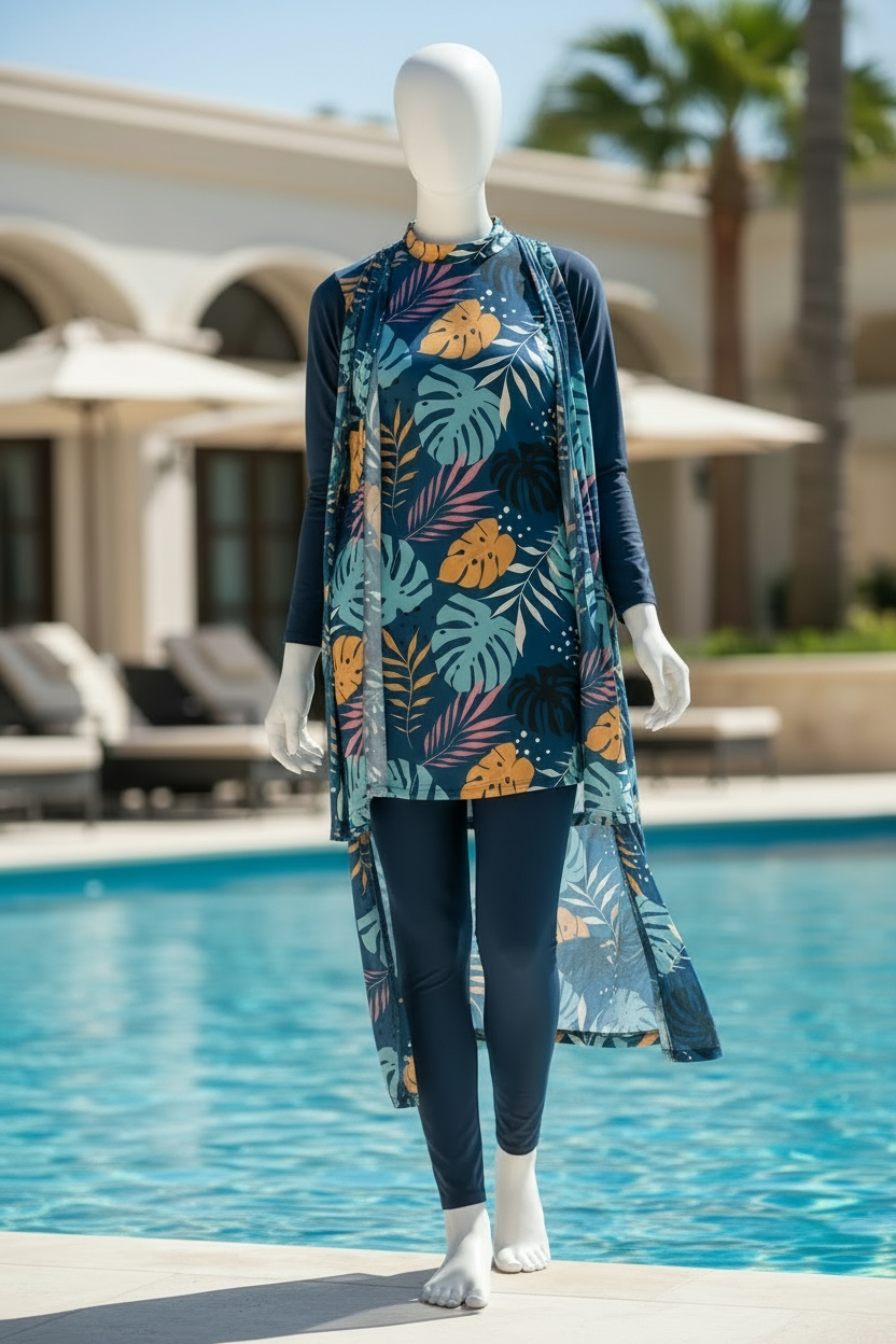 HAVN Women's 4-Piece Modest Multicolor Tropical Leaf Swimwear Set