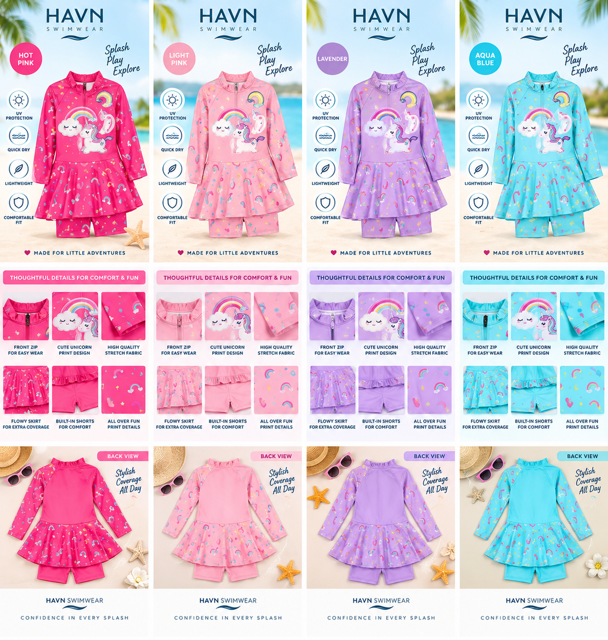 HAVN Girls’ Modest Swimwear Set - Rainbow/unicorn print