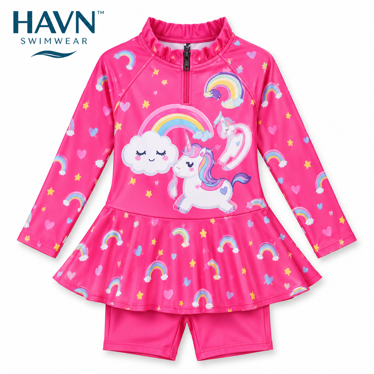 HAVN Girls’ Modest Swimwear Set - Rainbow/unicorn print