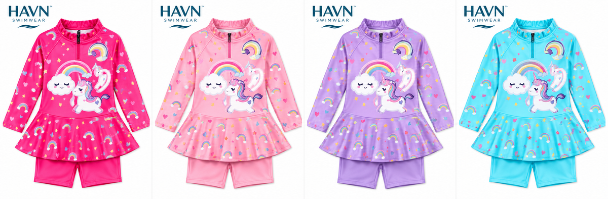 HAVN Girls’ Modest Swimwear Set - Rainbow/unicorn print