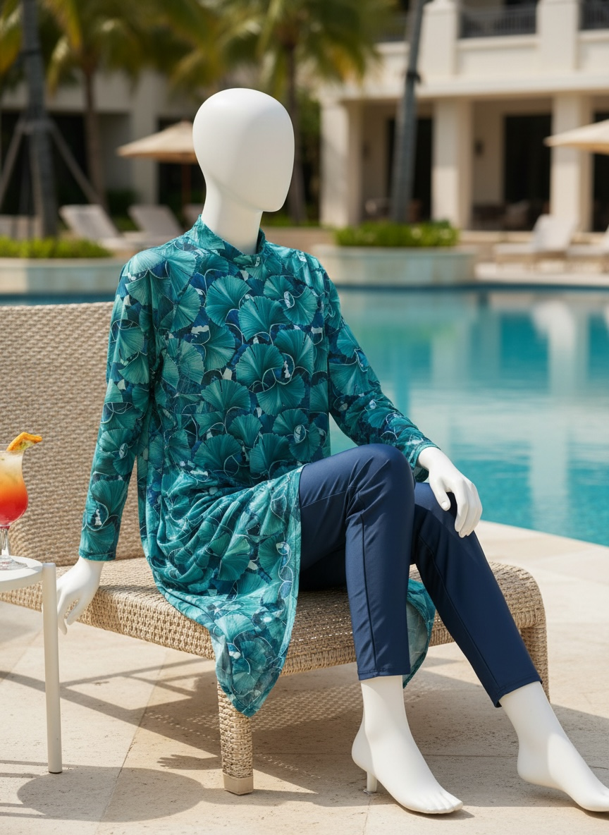 HAVN Women's 4-Piece Modest Swimwear Set – Turquoise Tropical Leaf