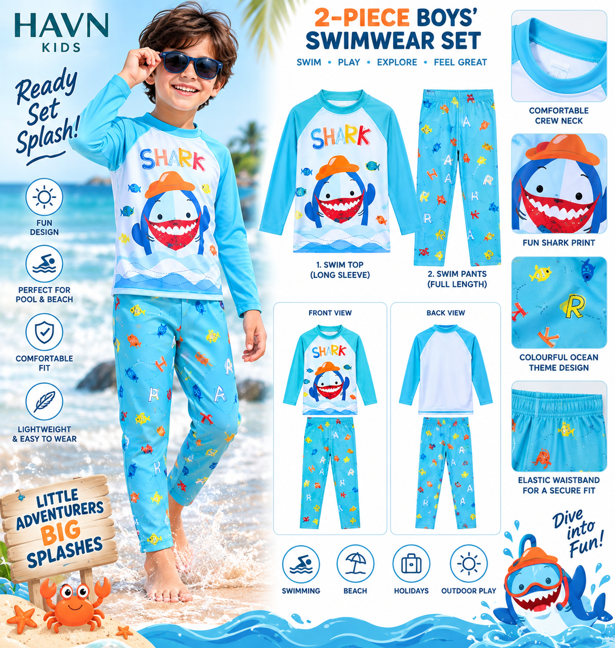 HAVN Boys’ Shark Swimwear Set – 2 Piece
